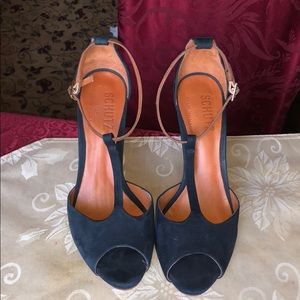 Navy suede t strap Schultz heels for club Monaco